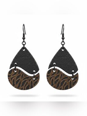 Women's Black and Brown Teardrop Dangle Earrings — wood Layered Design